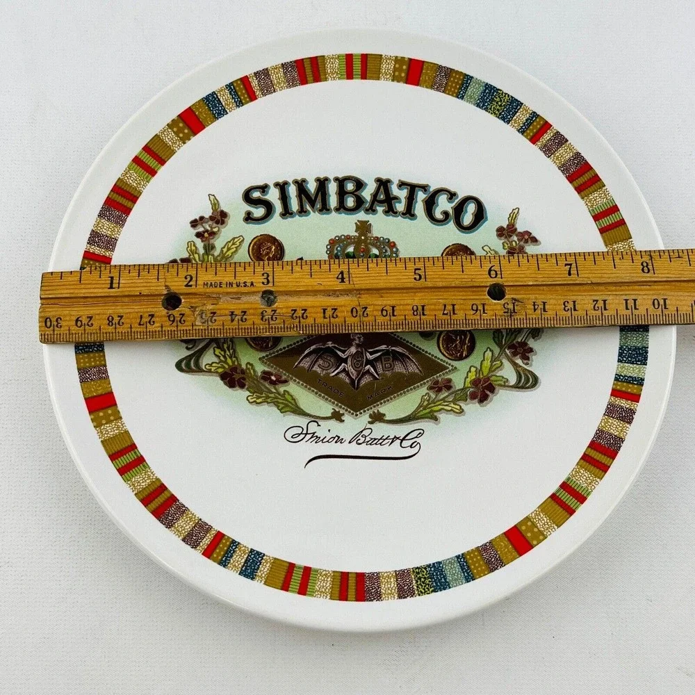 Pottery‎ Barn Simbatco Fireside Club 2 Salad Plate Lot Bat Cigar Box Stripe Trim